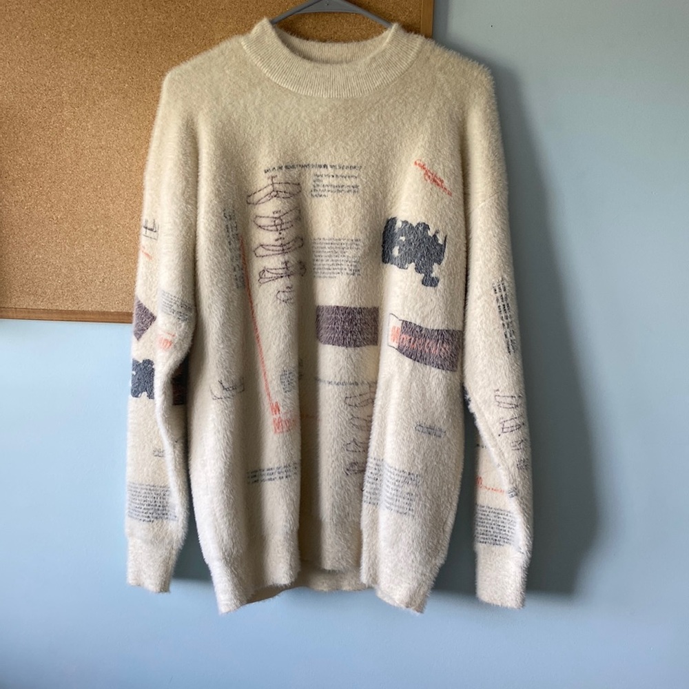 printed white fuzzy sweater